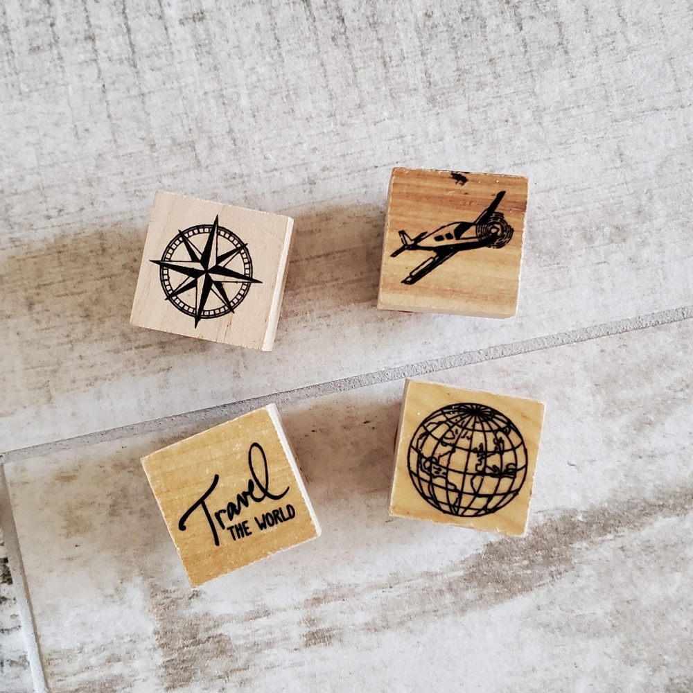 New Set of 4 travel themed stamps plane world compass